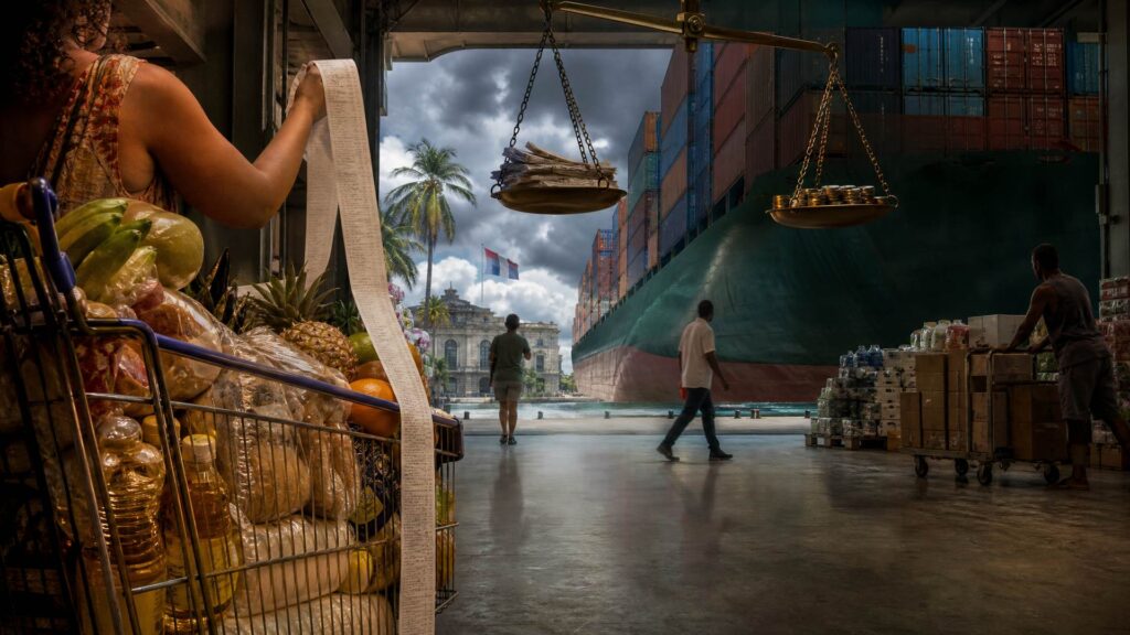 Rayon d'un supermarché de Fort-de-France : un chariot rempli de produits de base et un très long ticket de caisse ; un porte-conteneurs chargé de conteneurs s'engouffre dans l'allée du magasin ; au-dessus, une balance monumentale penchée entre des chemises administratives et des pièces de monnaie ; au fond, palmiers, façade institutionnelle et drapeau tricolore.