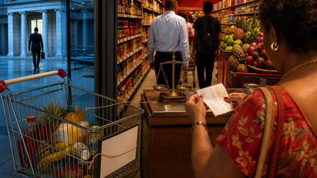 Intérieur d'un supermarché en Martinique : une femme tient sa liste de courses devant un chariot rempli de produits, balance dorée sur le comptoir de caisse, homme en costume visible derrière la baie vitrée.
