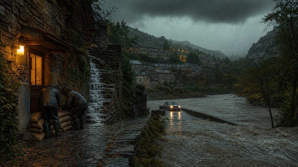 Ruelle de pierre d'un village cévenol sous une pluie dense : deux habitants en ciré posent des sacs de sable devant une porte basse, un pont de pierre est submergé par une eau brune, une voiture s'est arrêtée avant le passage.