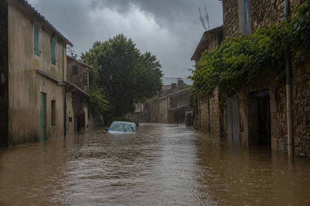 Rue inondée d’un village, voiture partiellement submergée sous un ciel pluvieux.