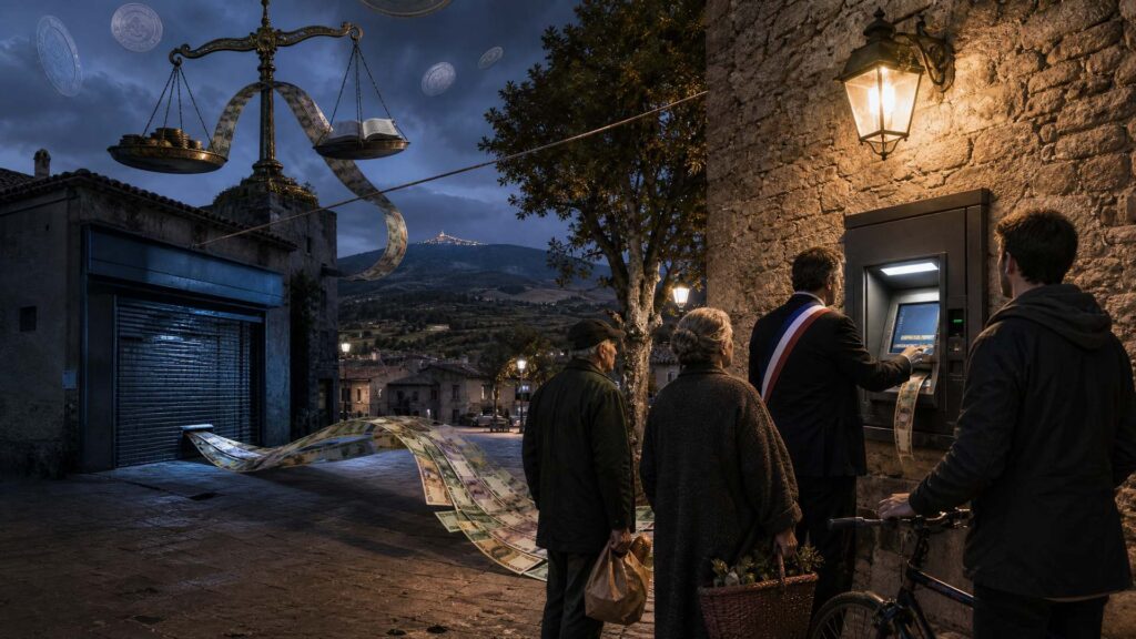 Rue d'un village du Vaucluse à la nuit tombée : un distributeur automatique de billets encastré dans un mur de pierre, un homme portant l'écharpe tricolore lui fait face, vu de dos, une file d'habitants attend avec un panier et un sac de boulangerie, un rideau métallique fermé de l'autre côté de la place, un long ruban de billets traverse les pavés vers une balance monumentale ; image éditoriale générée par IA, non documentaire.