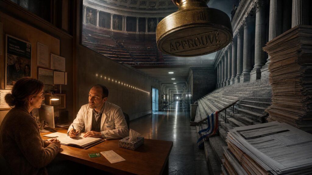 Une femme assise dans un cabinet médical face à un soignant, dossier et carte Vitale sur le bureau ; un couloir d'hôpital et un hémicycle monumental en arrière-plan.