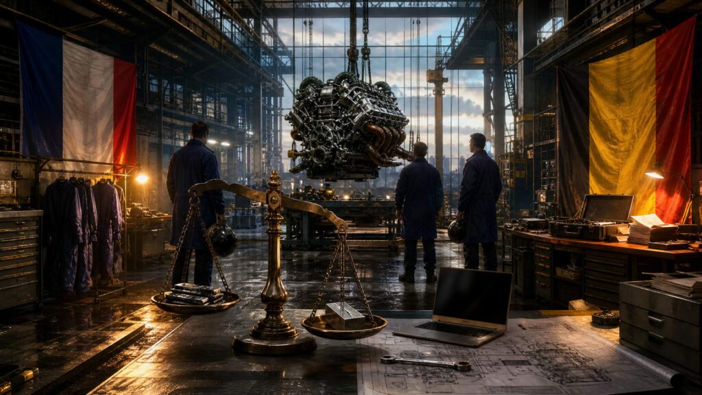 Image éditoriale générée par IA, non documentaire : vaste atelier industriel vu en contre-plongée, un moteur de Formule 1 suspendu au-dessus d'un banc d'essai, trois mécaniciens vus de dos en blouse bleue, un drapeau français à gauche et un drapeau belge à droite, une balance de laiton déséquilibrée au premier plan, documents et plan de moteur sur une table d'acier, lumière chaude et ombres colorées.
