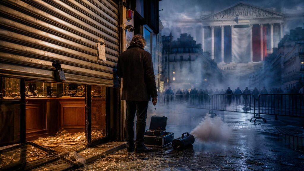 Rideau métallique à demi baissé sur une vitrine de bijouterie, cadenas, verre brisé au sol ; un commerçant vu de dos tient une clé près d'une machine à brouillard ; dans la rue froide, barrières et silhouettes dans la brume, et au fond une façade institutionnelle monumentale avec un drapeau tricolore.