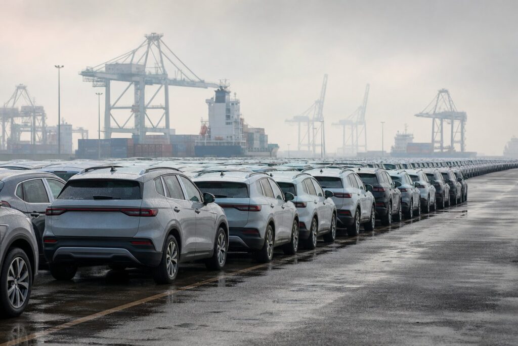 Rangées de voitures neuves alignées sur un terminal portuaire européen, grues à conteneurs en arrière-plan