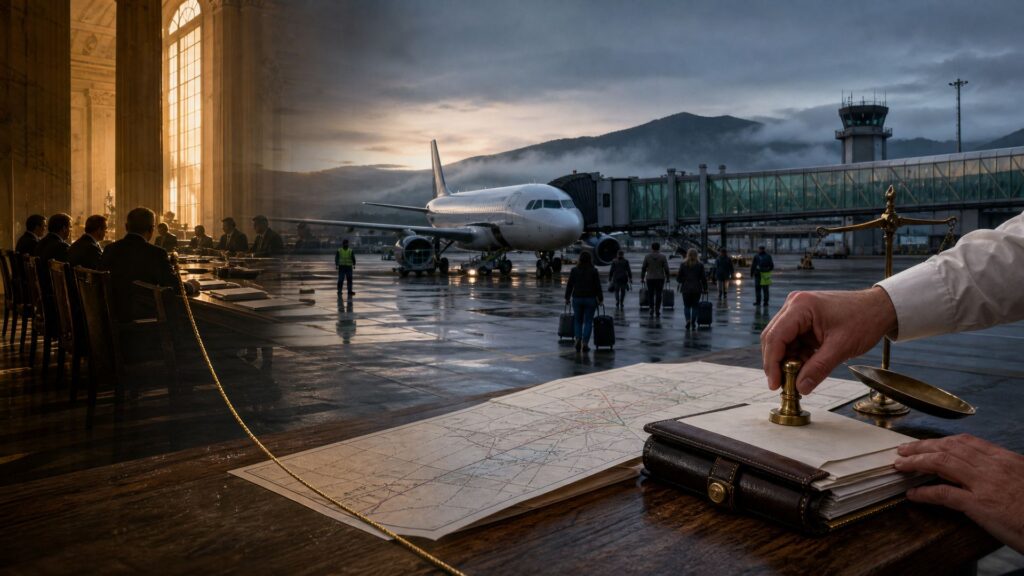 À l’aube, sur le tarmac mouillé d’un aéroport régional de montagne, un avion de ligne à l’arrêt devant sa passerelle et des passagers avec leurs valises ; au premier plan, sur une table de bois, un contrat relié, un tampon de laiton et une balance penchée ; à l’arrière-plan, une salle de réunion monumentale en marbre, reliée au tarmac par un fil doré.