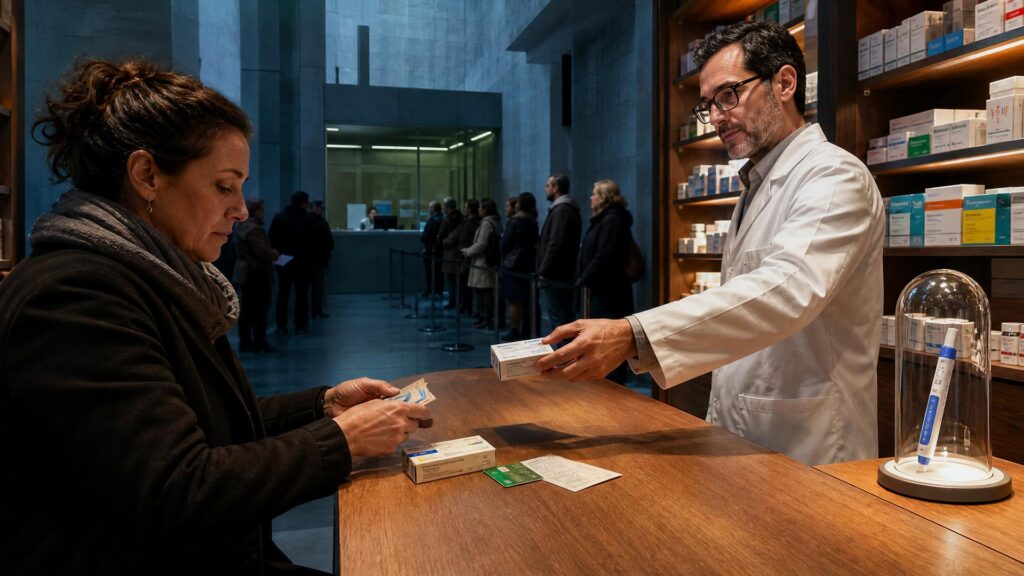 Comptoir de pharmacie : une cliente compte des billets devant une carte Vitale et une ordonnance, un pharmacien lui tend une boîte de comprimés, un stylo injecteur est présenté sous une cloche de verre, un hall administratif avec file d'attente occupe l'arrière-plan.