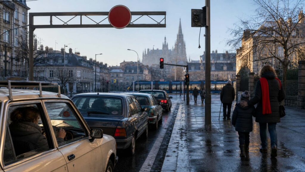 Chaussée mouillée d'une ville française en hiver, file de voitures arrêtées à un feu rouge dont un break conduit de profil, portique métallique portant un grand disque rouge uni au-dessus de la chaussée, caméra de contrôle sur un poteau à droite, tramway bleu et blanc et cathédrale gothique au loin ; passants de dos, aucun visage identifiable. Illustration éditoriale générée par IA, non documentaire.